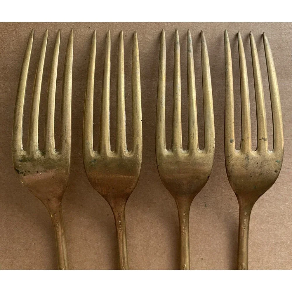 Vintage Waldo HE Gold Tone Brass Dinner Forks Lot of 4 Rococo Scroll Flatware 7